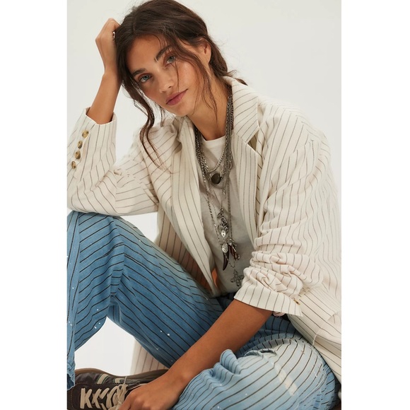 Free People Reggie Oversized White Striped Blazer - Picture 2 of 11